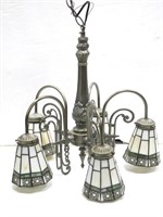 Arts & Crafts Style Leaded Glass Pewter Chandelier