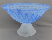 Large Vintage Frosted Blue Pedestal Art Glass Bowl