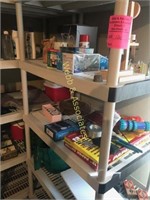 4 plastic shelves and contents