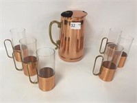Old Dutch Copper & Brassware 9" Pitcher w/6 Glass
