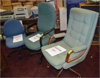 3-OFFICE CHAIRS ON CASTERS (2-GREEN & 1-BLUE)
