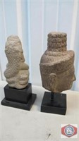 Two sand stone figures. One Head with metal base.