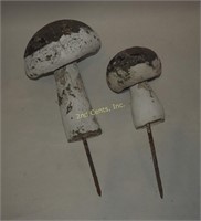 Two 14 & 9" Cement Mushrooms Lawn Decor W Spikes