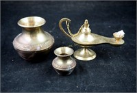 2 Small Etched Brass Urns & Matching Genie Lamp