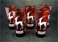 5 Mid Century Cranberry 7" Deer Painted Glasses
