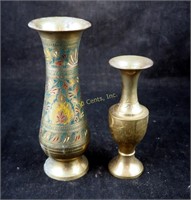 2 Tall 7" & 8" Engraved Brass Vases