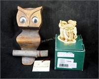 Harmony Owls Ceramic Box & Wood Crafted Owl Lot