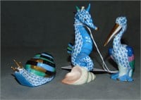 Blue Herend Fishnet Figurines. Lot of  3.
