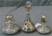 Sterling Silver Overlay Perfume Bottles. Lot of 3.