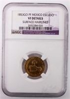 Coin 1853 GO PF Gold Mexico Escudo NGC VF*