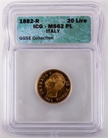 Coin 1882-R Italy 20 Lire Gold ICG MS62 PL
