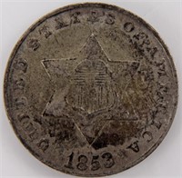 Coin 1853 3¢ Silver in Choice Extra Fine