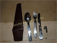 Boy Scout knife, fork and spoon and military P-38