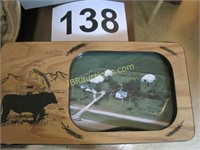 WOODEN PICTURE FRAME WITH BULL ON IT