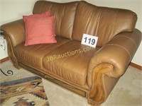 LEATHER SOFA WITH IRON AND WOOD TRIM,