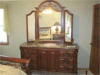 DRESSER WITH TRIPLE MIRROR W/BEDSTAND MARBLE TOPS