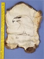 Rabbit pelt with a ink drawing of an eagle by Vanc