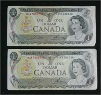 Two 1973 Canada One Dollar Bills - Gordon and