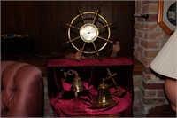 Large brass/wood helm & ship bells & anchor