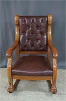 Vintage Oak and Leather Claw Foot Rocking Chair