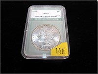 1885 Morgan dollar, slab certified MS-65