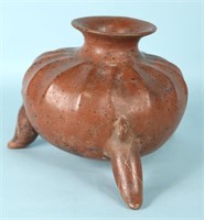 PRE-COLUMBIAN TERRACOTTA MELON SHAPED FOOTED BOWL