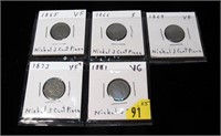 5- U.S. nickel three-cent pieces: 1865, 1866,