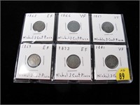 6- U.S. nickel three-cent pieces: 1865, 1866,