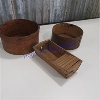 2 wood round buckets & wood box