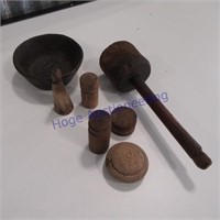 small wood bowl, wood stomper, 5 small wood items