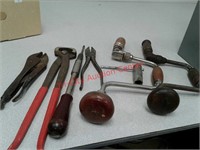 vintage hand drills, screwdriver, vice grips,