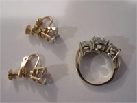 14K yellow gold three stone ring and 14K earrings