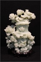 11"T 2pc. Jade Lidded Vase w/ Lotus & Birds