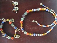 Bead necklace, bracelet and clip earrings