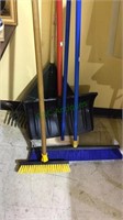 3 push brooms, leaf rake, snow shovel, (793)