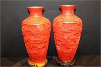 Pair of Cinnabar Vases on Stands