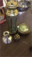 Brass candle holder, brass powder box, Mark d