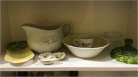 Shelf lot of kitchen china & some glass, serving
