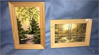 a pair of oil on board framed birch trees, 5 x