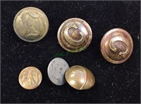 6 antique military buttons, Two C, eagle, no 2,
