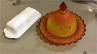 Two glass covered butter dishes, Frosted orange
