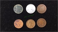6 us pennies, 1870, two 1890, 1910, 1943, 1940,