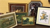 Group lot of 6 framed prints, ladies with dogs,