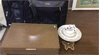 Two nice computer bags, silverware chest, glass