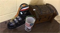 Cedar chest, ski boot liquor bottle, 1976 glass,