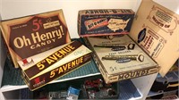 Four vintage candy bar boxes, 5 pound candy box,