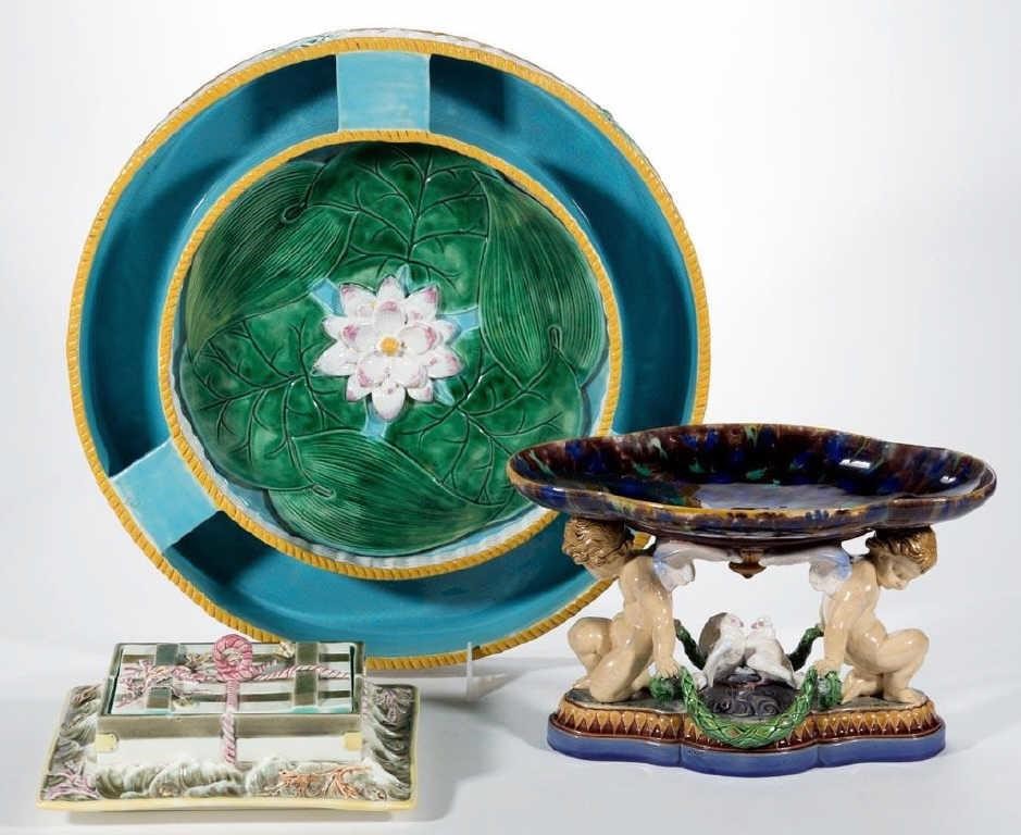 A fine selection of English and Continental majolica ceramics including exquisite forms and decorations from George Jones, Wedgwood, and Minton