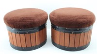 Pair Wood Slat Drum Shape Covered Footstools