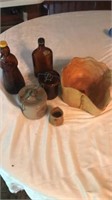 Syrup bottle, wooden bowl