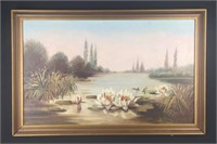 Antique oil painting of water lilies